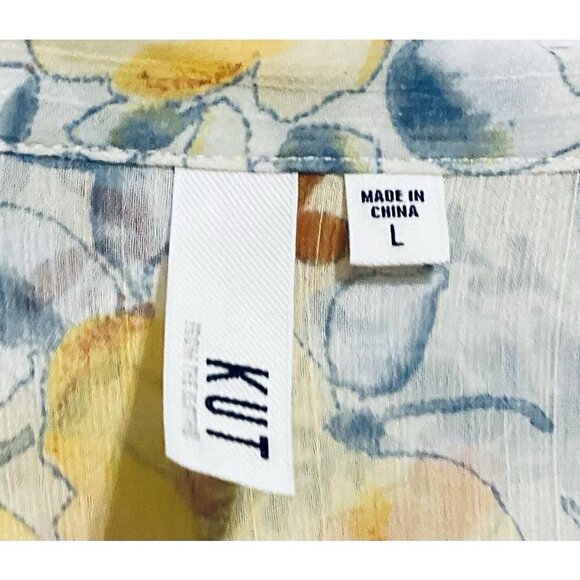 Kut from the Kloth Blouse Womens Large Sheer Ivory Floral Roll Tab Sleeve Boho - Picture 6 of 9